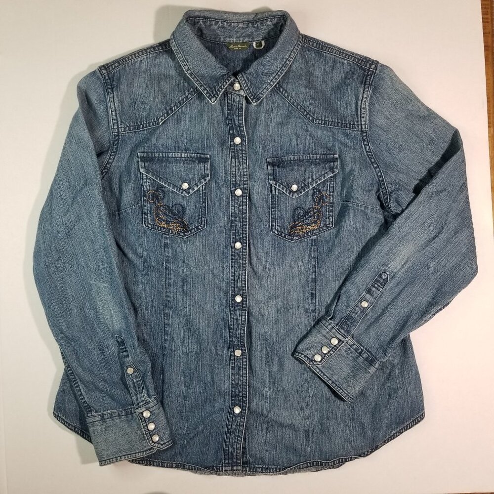 Eddie Bauer Denim Western Shirt Pearl Snap Embroidered Blue Size XL